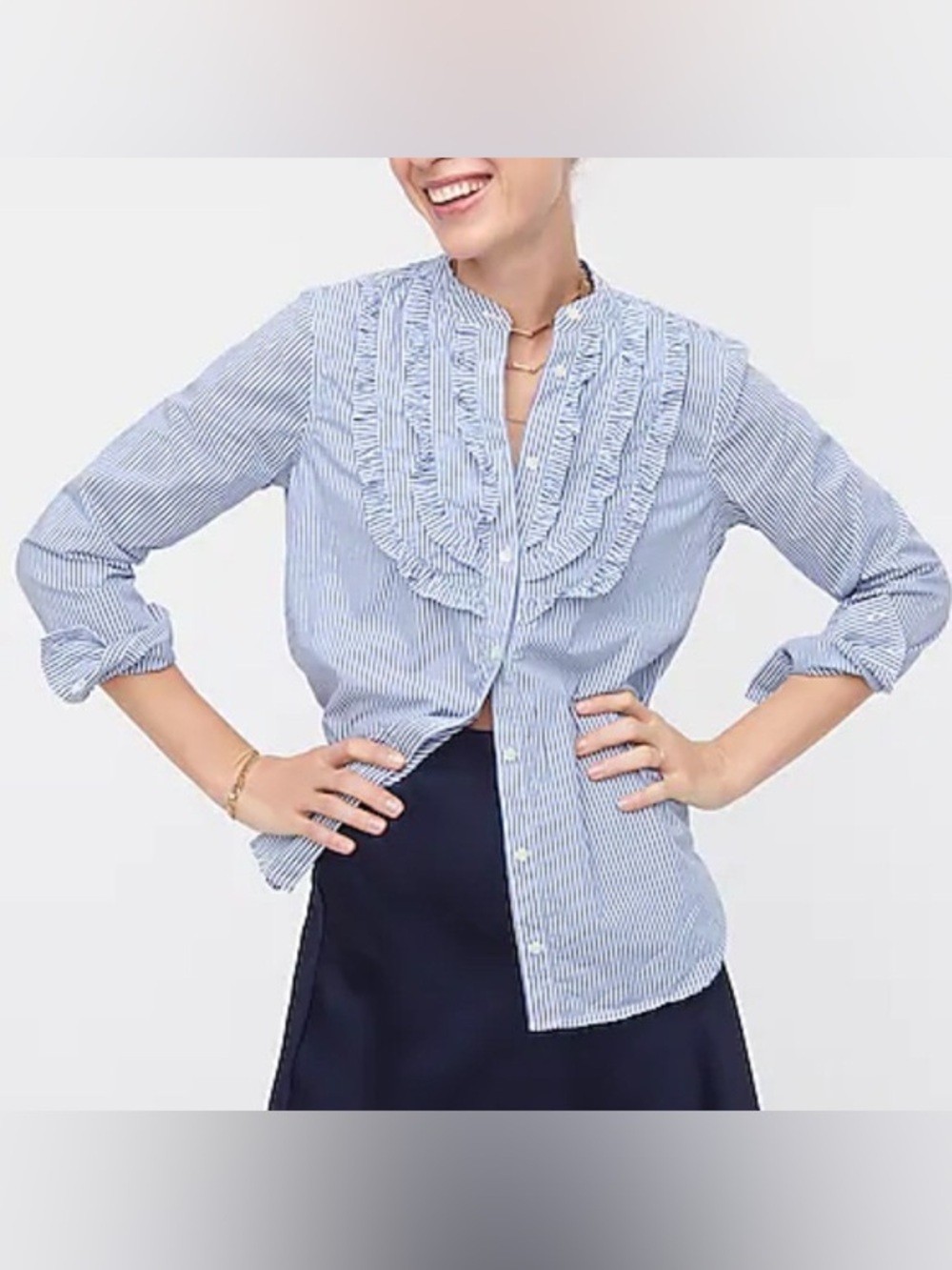 J.Crew XXL Blue White Striped Ruffle Front Band Collar Button Shirt